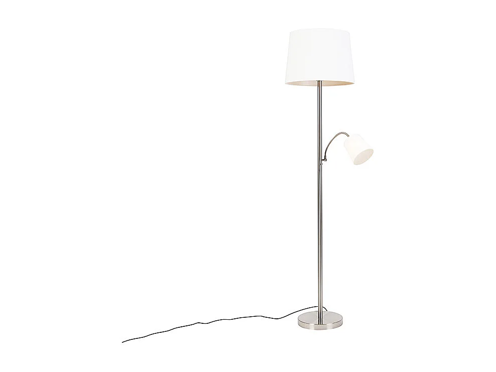 Lampadaire classique en acier avec abat-jour blanc et liseuse - Retro