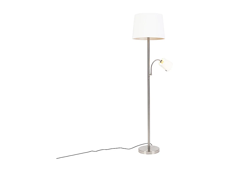 Lampadaire classique en acier avec abat-jour blanc et liseuse - Retro