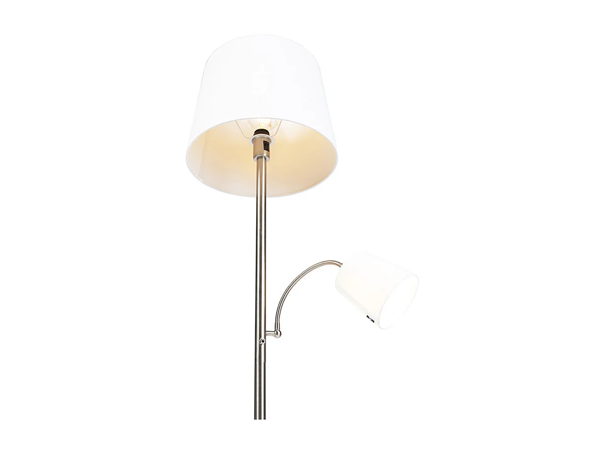 Lampadaire classique en acier avec abat-jour blanc et liseuse - Retro
