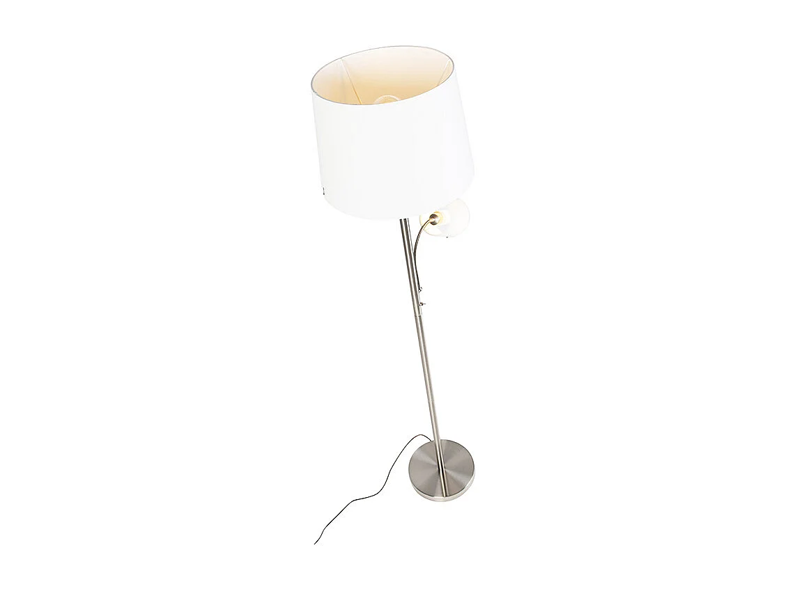 Lampadaire classique en acier avec abat-jour blanc et liseuse - Retro
