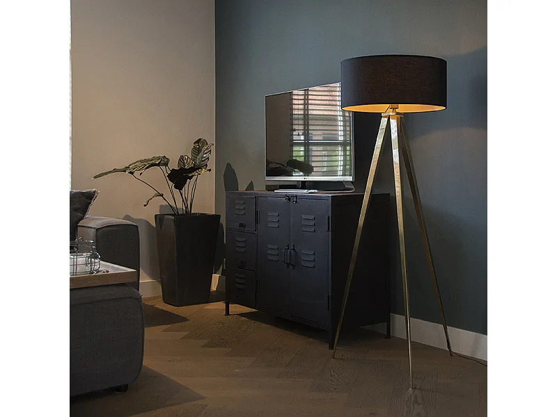 Lampadaire moderne en laiton avec abat-jour noir - Ilse