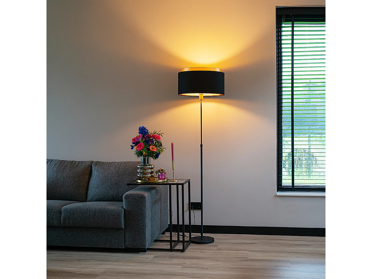 Lampadaire moderne noir avec double abat-jour doré - Parte