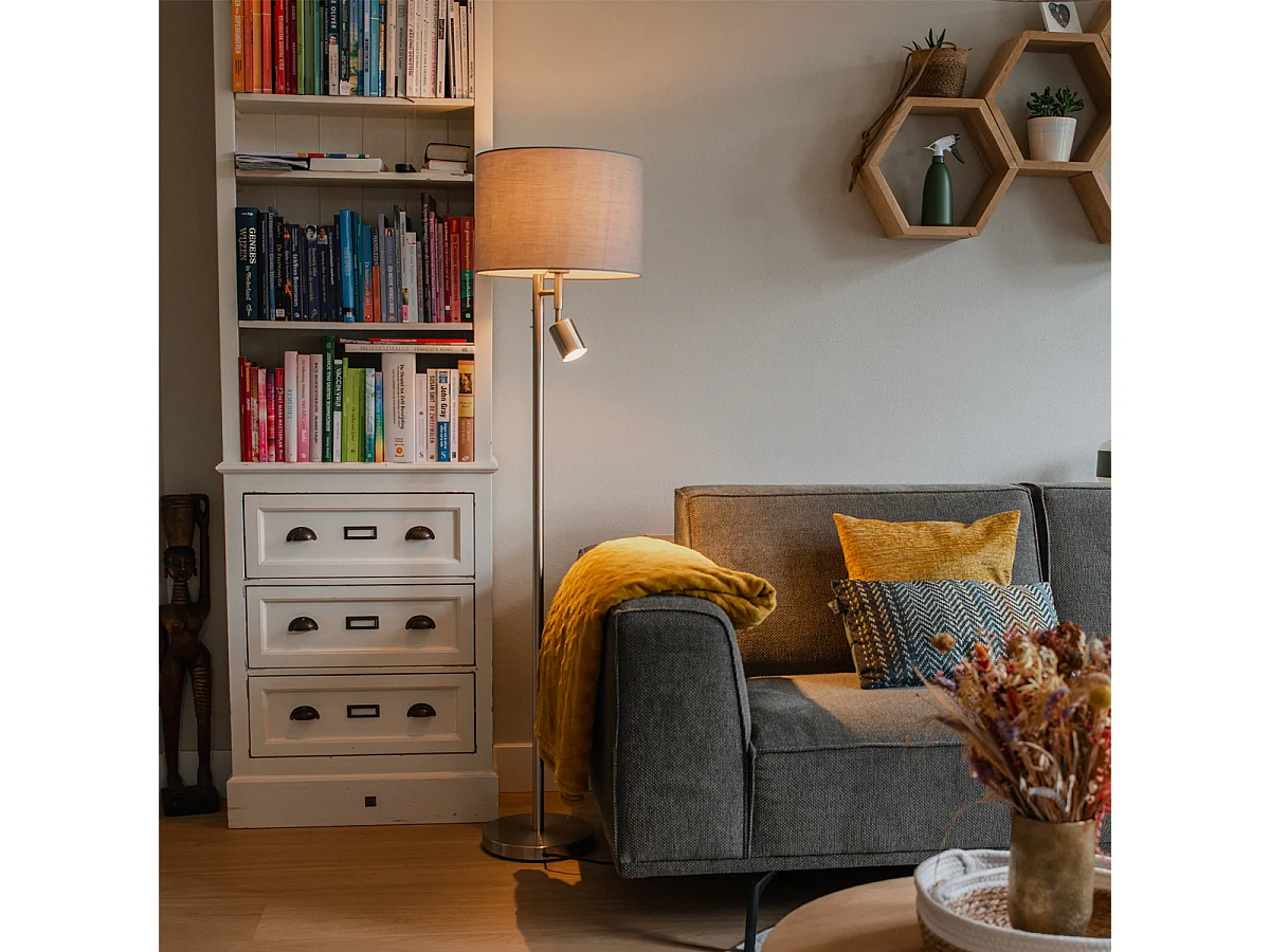 Lampadaire acier avec abat-jour gris et liseuse - Jelena