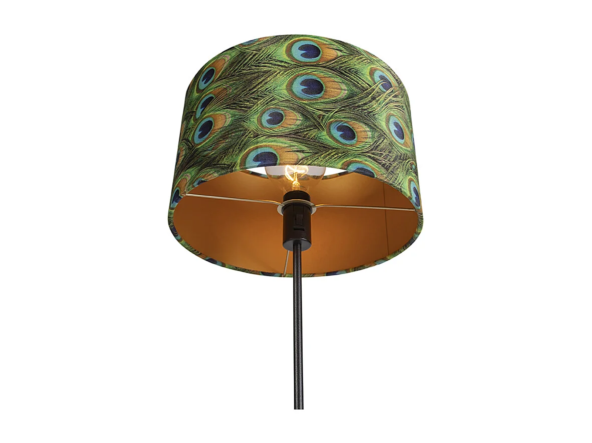 Lampadaire noir avec abat-jour en velours paon avec or 35 cm - Parte