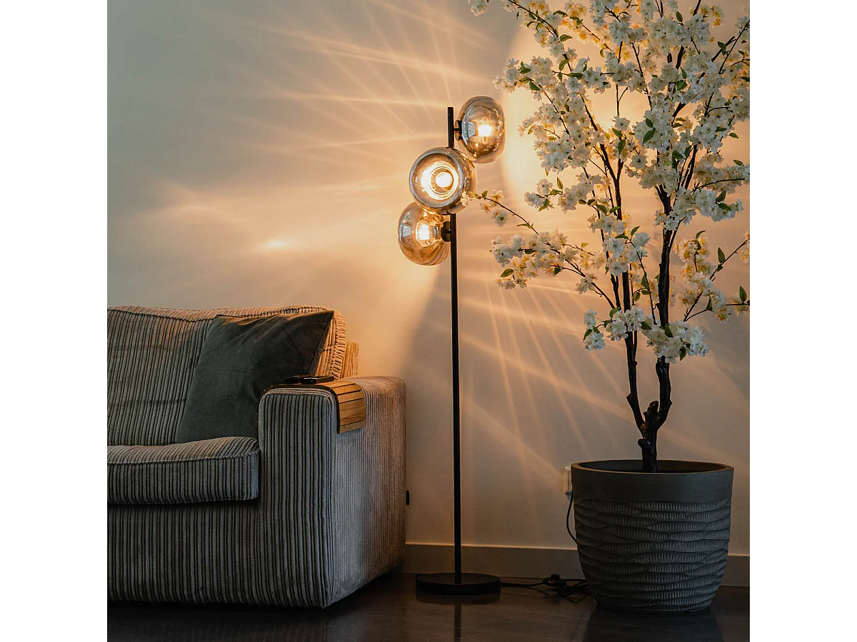 Lampadaire Art Déco noir avec verre fumé 3 lumières - Ayesha