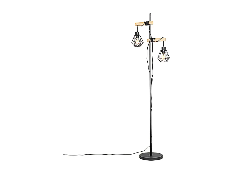 Lampadaire rustique noir avec bois 2 lumières - Chon