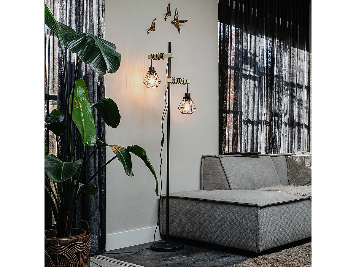 Lampadaire rustique noir avec bois 2 lumières - Chon