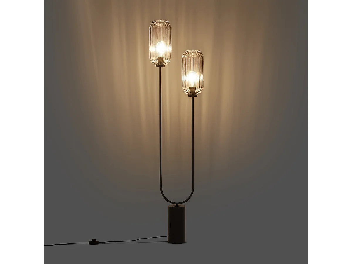 Lampadaire Art Déco noir avec verre fumé 2 lumières - Rid