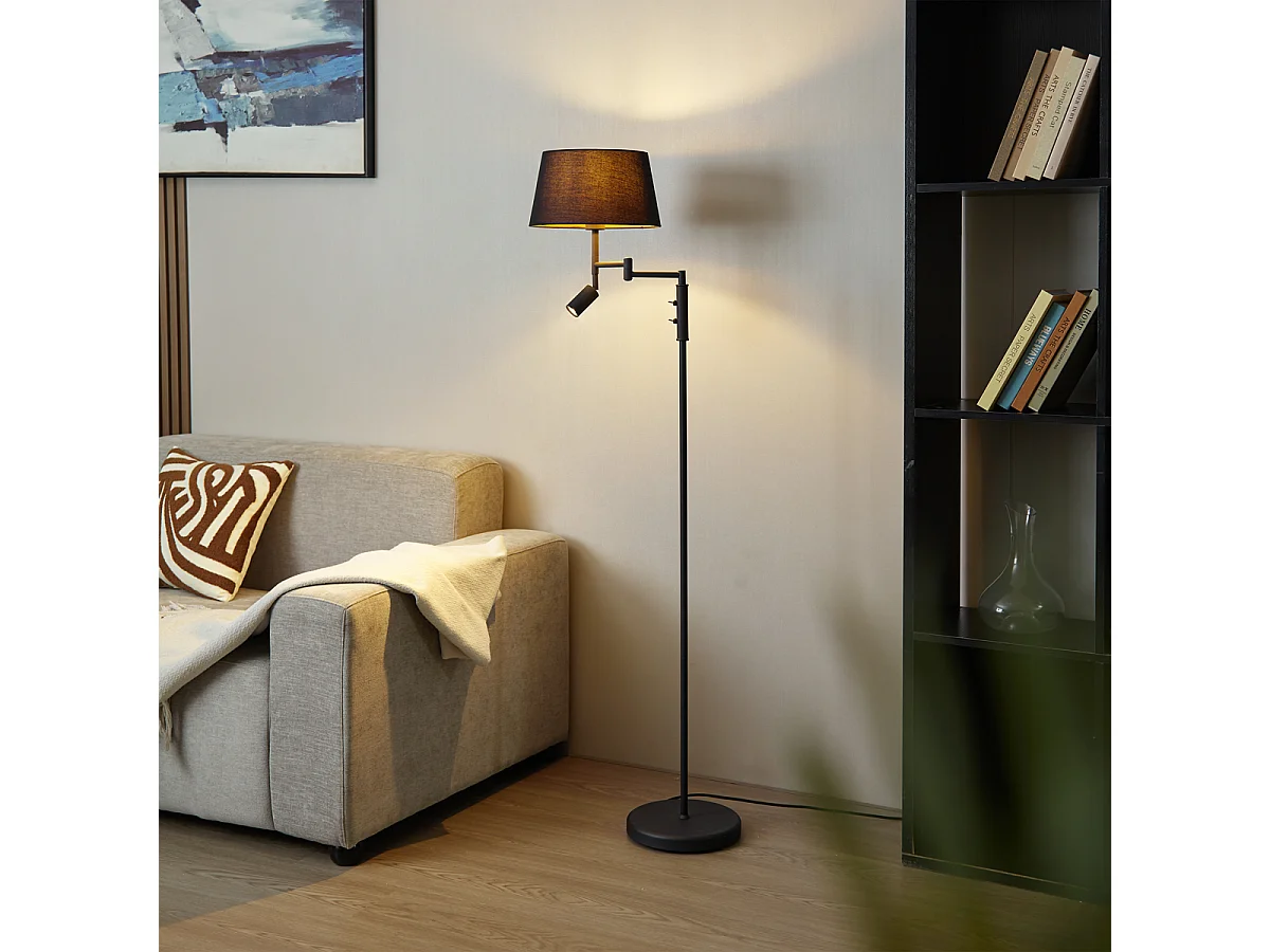 Lampadaire noir avec abat-jour noir et lampe de lecture réglable - Ladas
