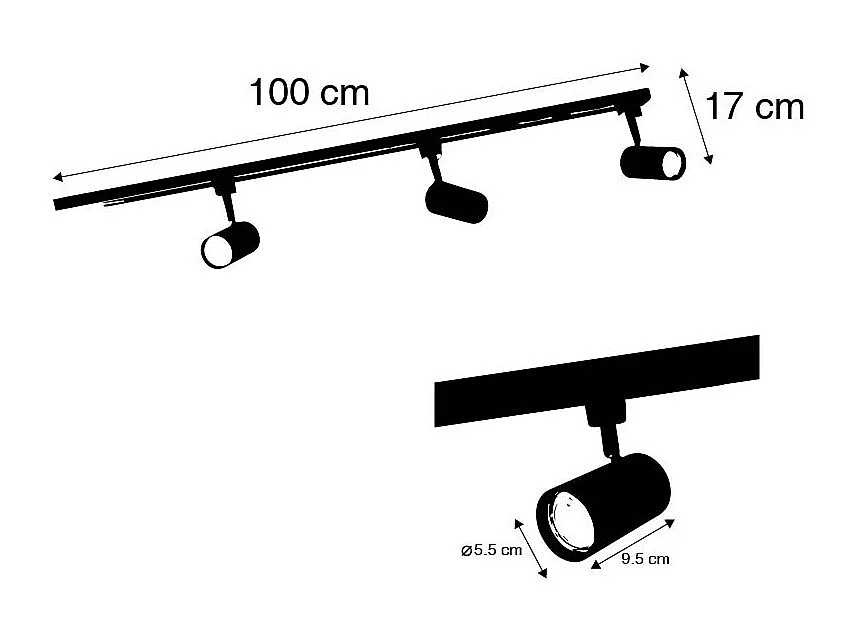 Système d'éclairage sur rail moderne avec 3 spots noirs 1 phase - Iconic Jeana