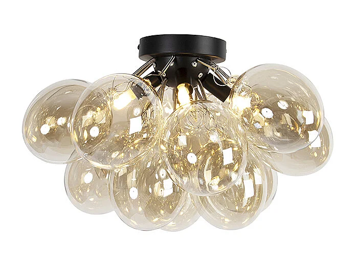 Plafonnier design noir avec verre ambre 4 lampes - Uvas