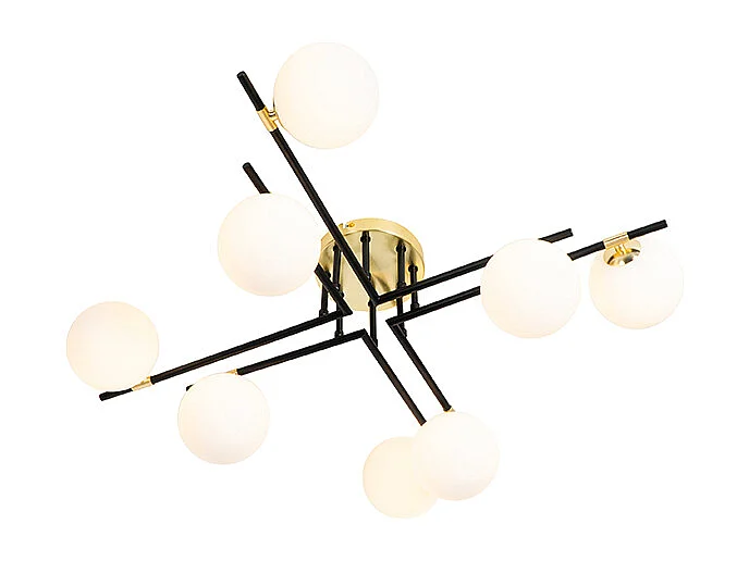 Plafonnier noir avec verre opale et or 8 lumières - Lynn