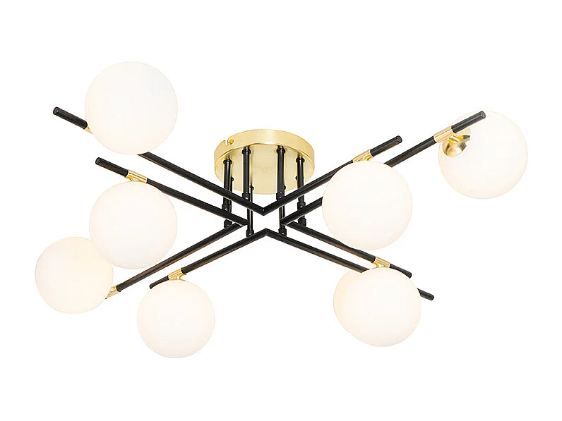 Plafonnier noir avec verre opale et or 8 lumières - Lynn