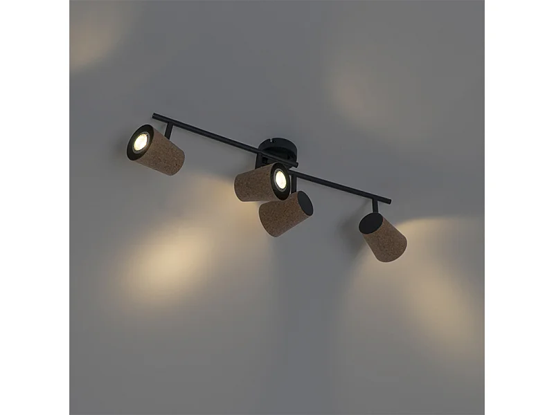 Spot de plafond noir avec abat-jour en liège réglable à 4 lumières - Corky