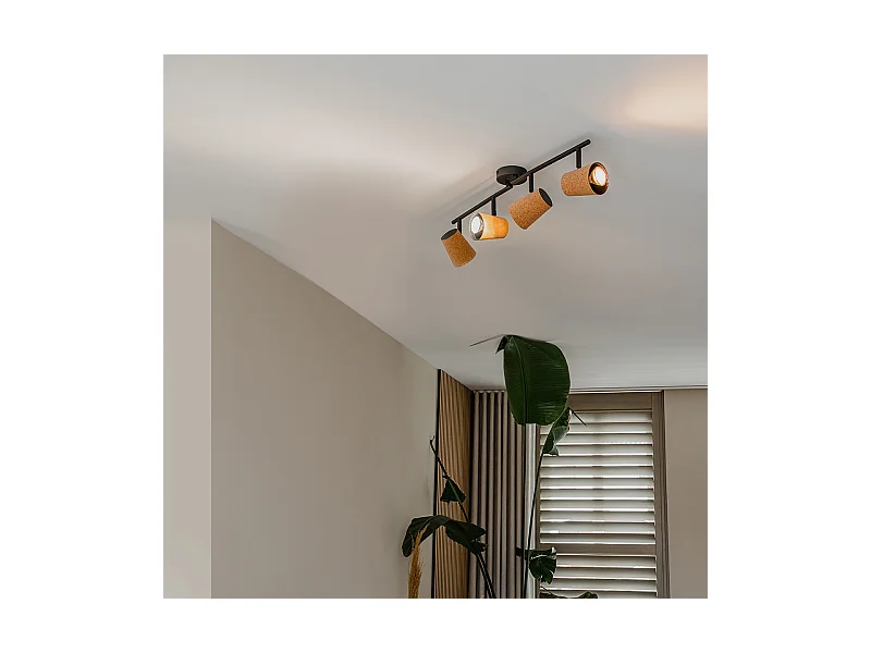 Spot de plafond noir avec abat-jour en liège réglable à 4 lumières - Corky