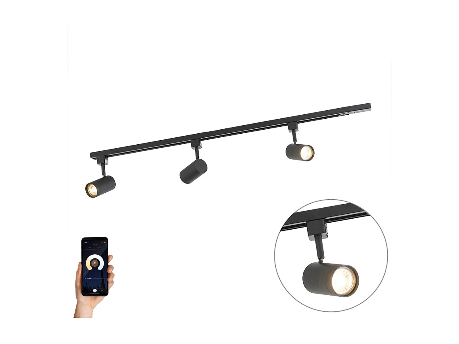 Système de rails d'éclairage intelligent noir avec 3 WiFi GU10 1 phase - Iconic Jeana