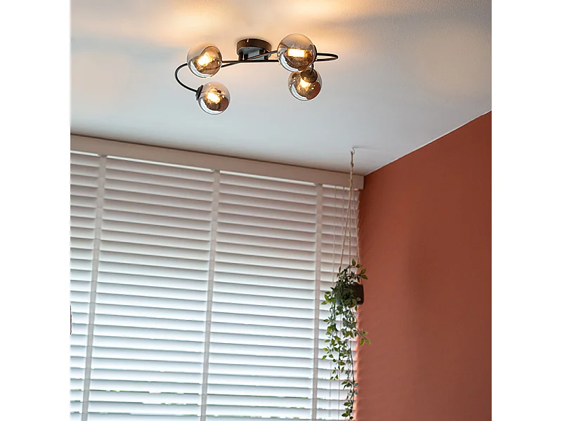 Plafonnier moderne noir 4 lumières avec verre fumé - Athènes