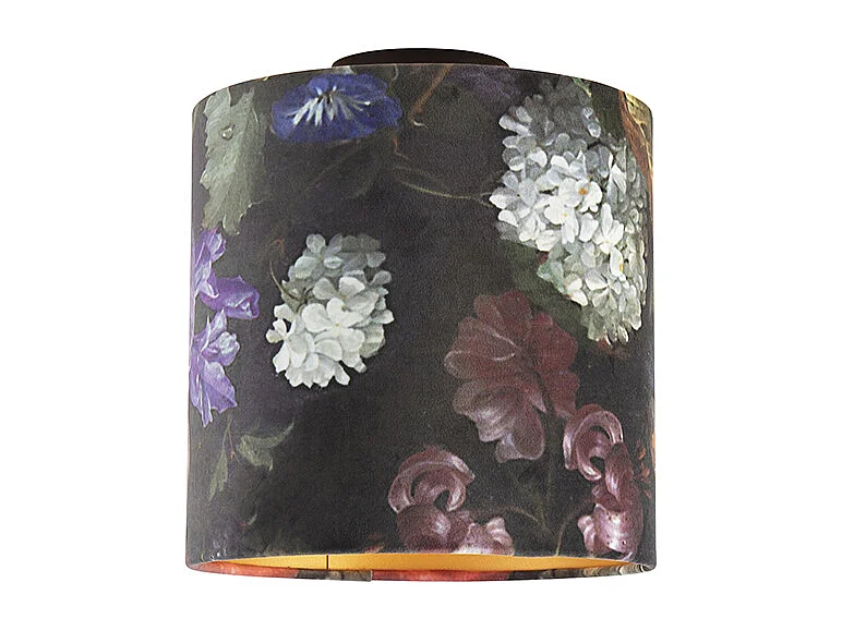 Plafonnier avec abat-jour en velours à fleurs avec or 25 cm - Combi noir