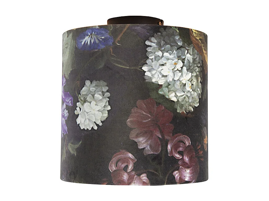 Plafonnier avec abat-jour en velours à fleurs avec or 25 cm - Combi noir