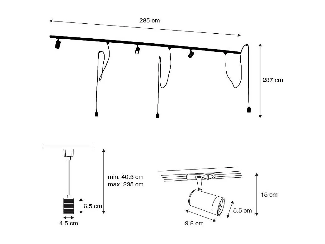 Système sur rail monophasé avec 3 spots et 3 suspensions dorées - Cavalux Jeana