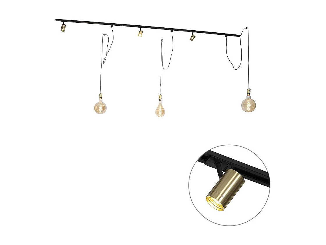Système sur rail monophasé avec 3 spots et 3 suspensions dorées - Cavalux Jeana