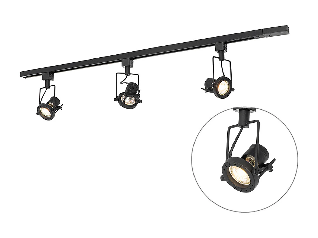 Système d'éclairage sur rail moderne avec 3 spots noirs 1 phase - Iconic Suplux