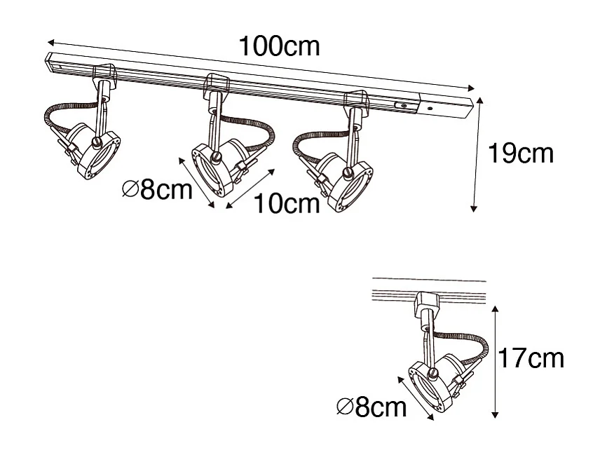 Système d'éclairage sur rail moderne avec 3 spots noirs 1 phase - Iconic Suplux