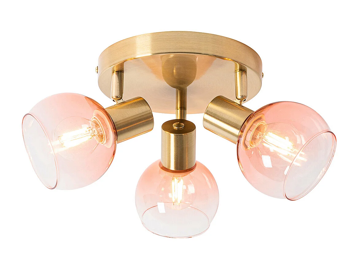 Spot de plafond Art Déco doré avec verre rose 3 lumières - Vidro