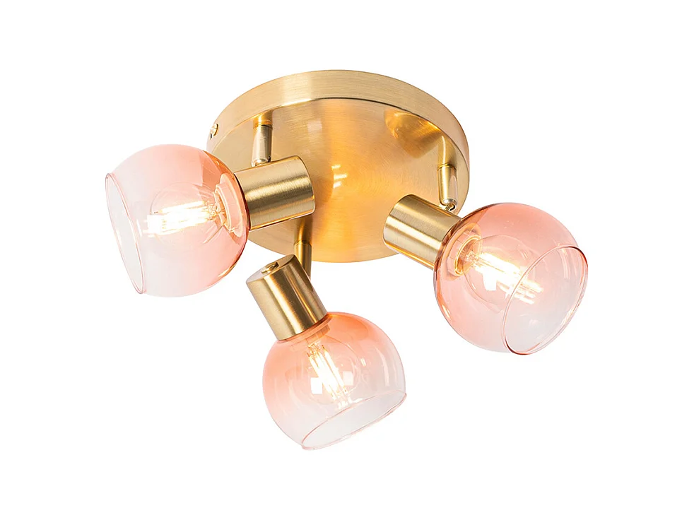 Spot de plafond Art Déco doré avec verre rose 3 lumières - Vidro