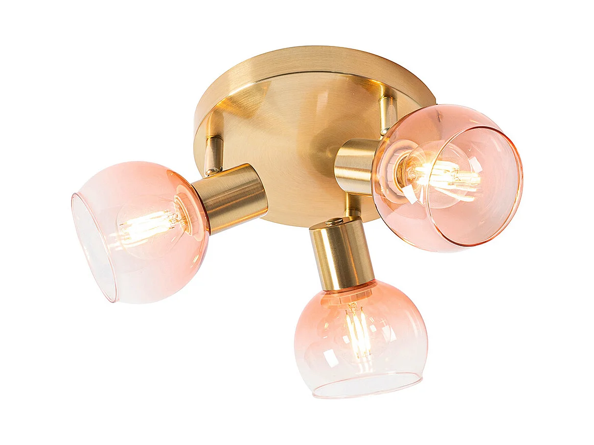 Spot de plafond Art déco doré avec verre rose 3 lumières - Vidro