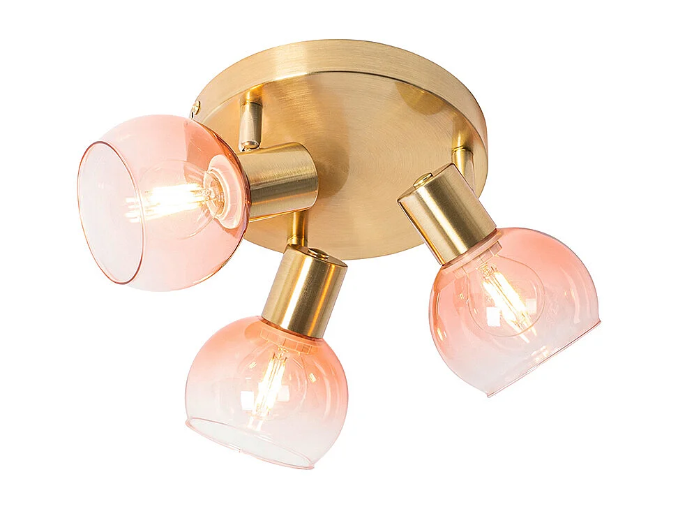 Spot de plafond Art déco doré avec verre rose 3 lumières - Vidro