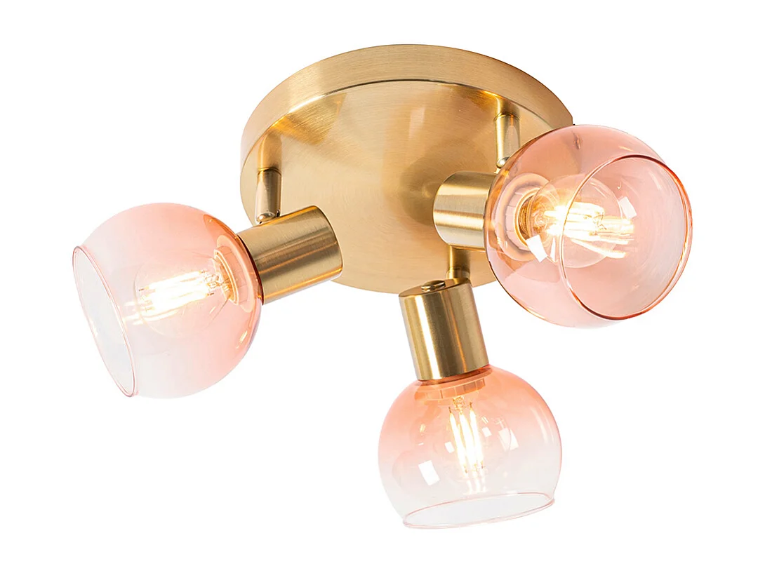 Spot de plafond Art déco doré avec verre rose 3 lumières - Vidro