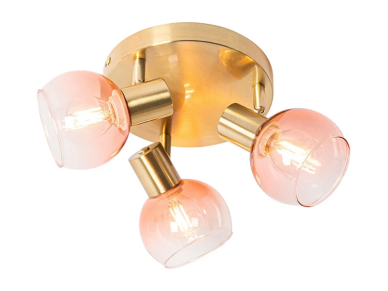 Spot de plafond Art déco doré avec verre rose 3 lumières - Vidro