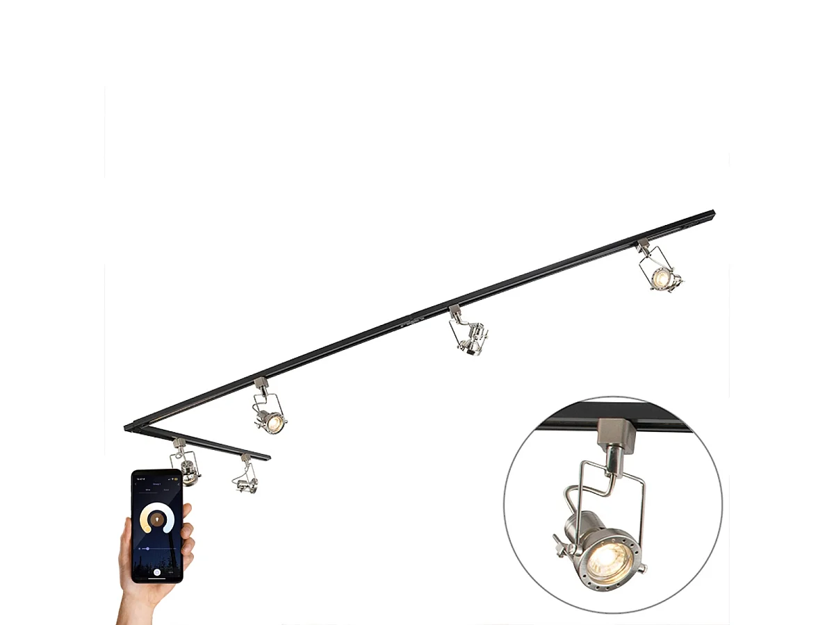 Rail 1 phase intelligent noir avec acier incluant 5 ampoules WiFi GU10 - Iconic Suplux