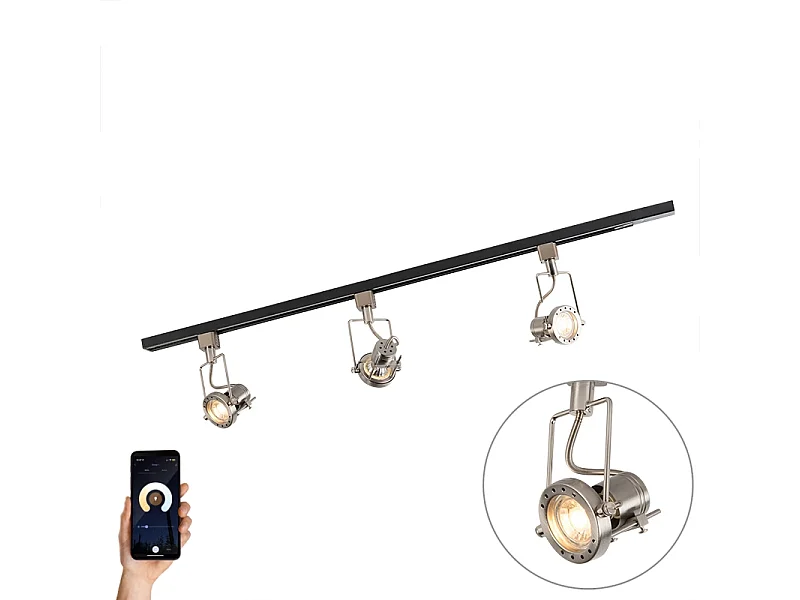 Rail 1 phase intelligent noir avec acier avec 3 ampoules WiFi GU10 - Iconic Suplux