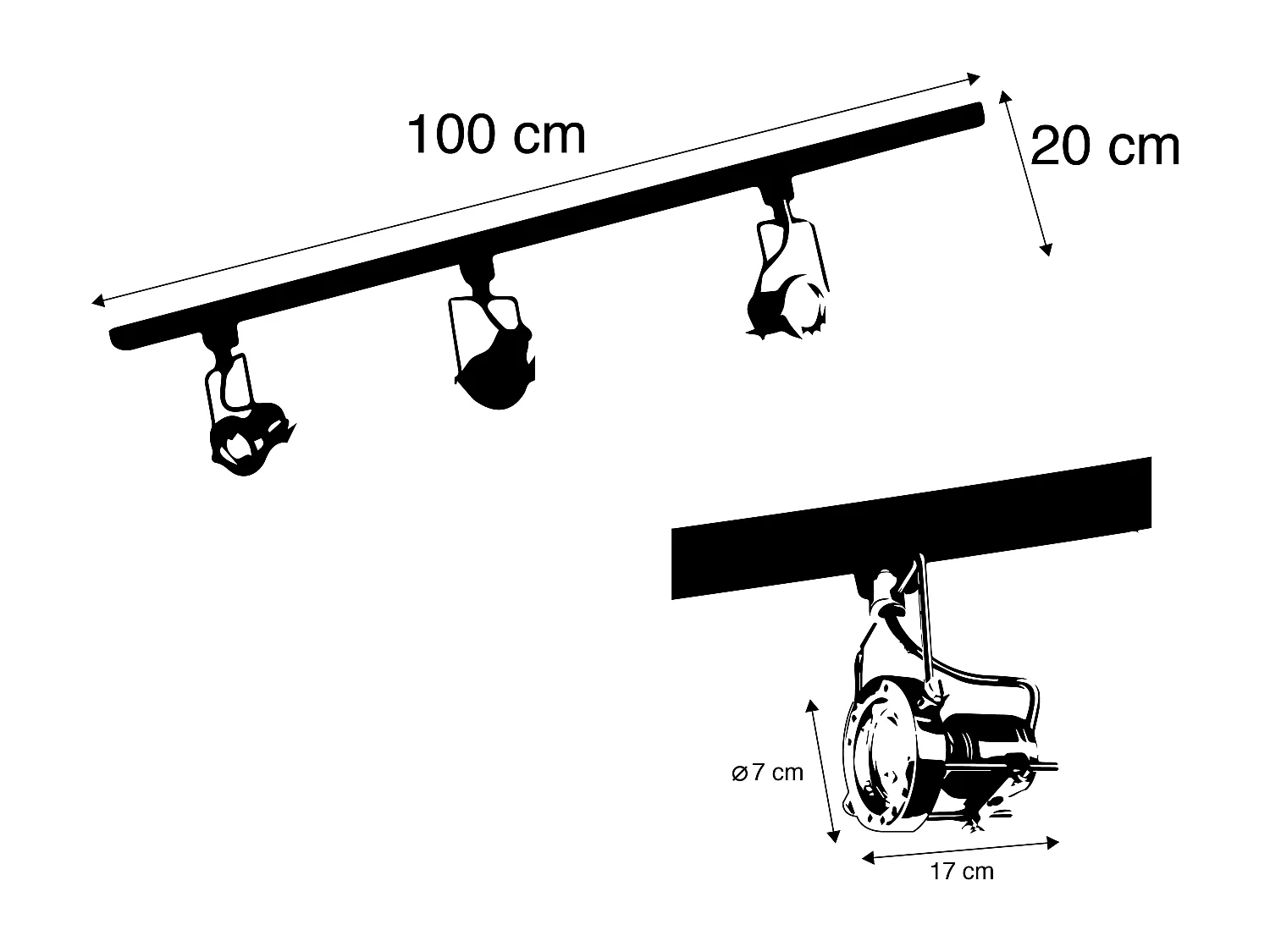 Système sur rail avec 3 spots monophasé noir avec acier - Suplux