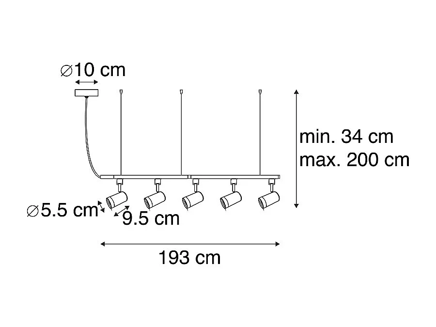 Système sur rail suspendu moderne monophasé avec 5 spots noirs - Jeana