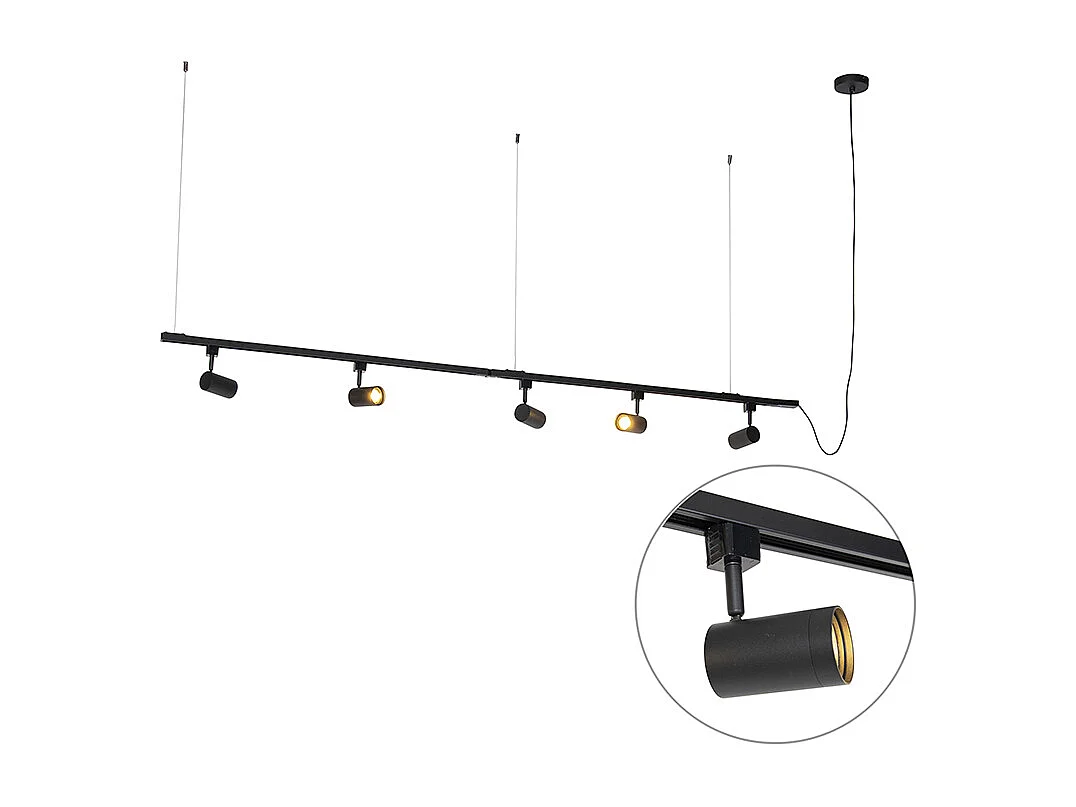 Système sur rail suspendu moderne monophasé avec 5 spots noirs - Jeana