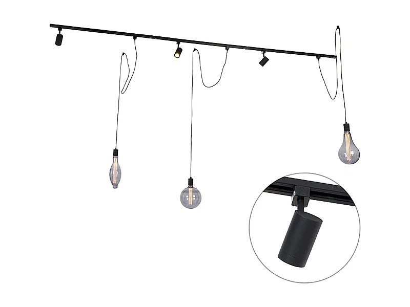 Système sur rail monophasé avec 3 spots et 3 suspensions noires - Cavalux Jeana