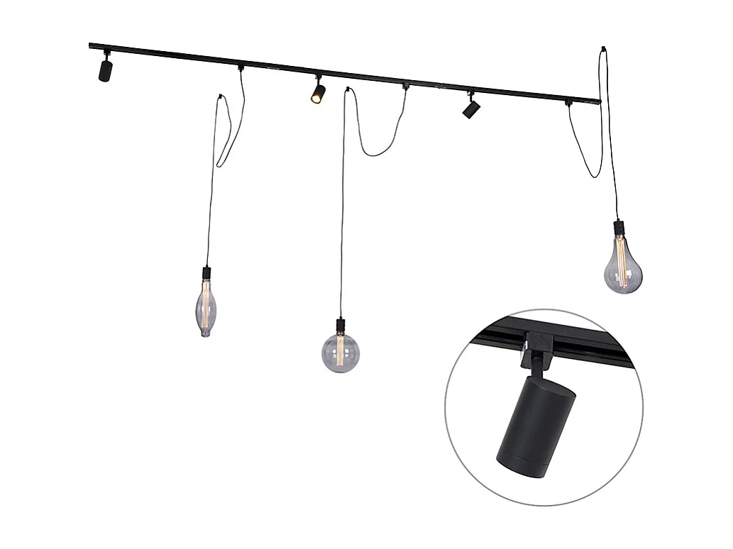 Système sur rail monophasé avec 3 spots et 3 suspensions noires - Cavalux Jeana