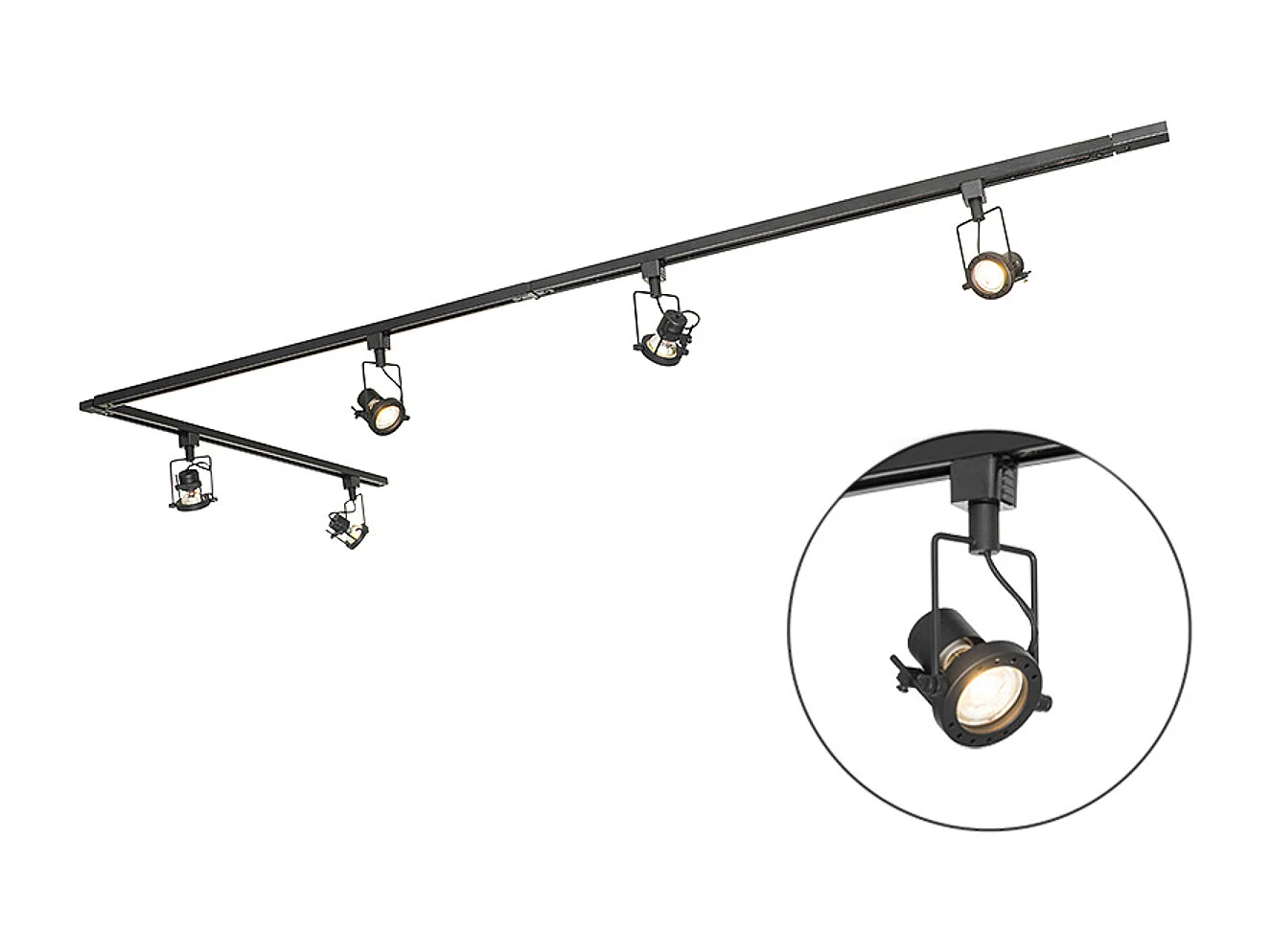 Système d'éclairage sur rail moderne avec 5 spots noirs monophasé - Iconic Suplux