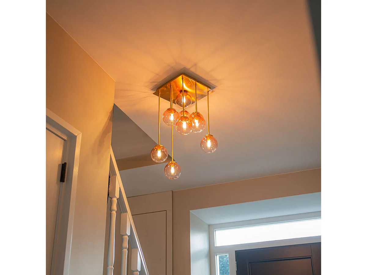 Plafonnier Art Déco doré avec verre rose 9 lumières - Athènes