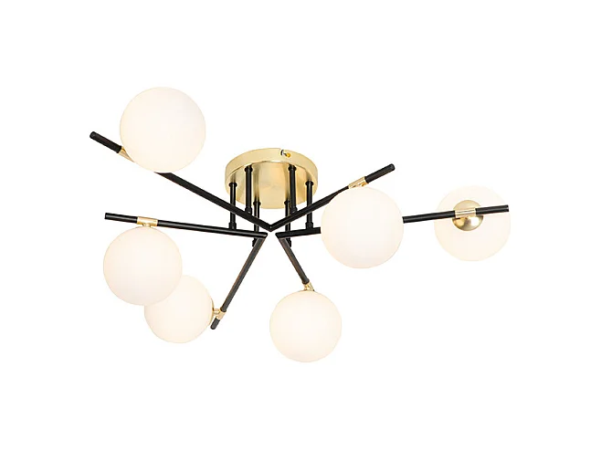 Plafonnier noir avec or et verre opale 6 lumières - Lynn