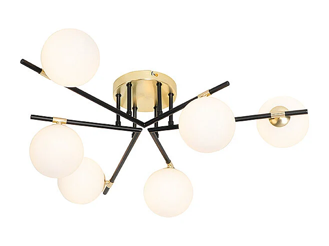Plafonnier noir avec or et verre opale 6 lumières - Lynn