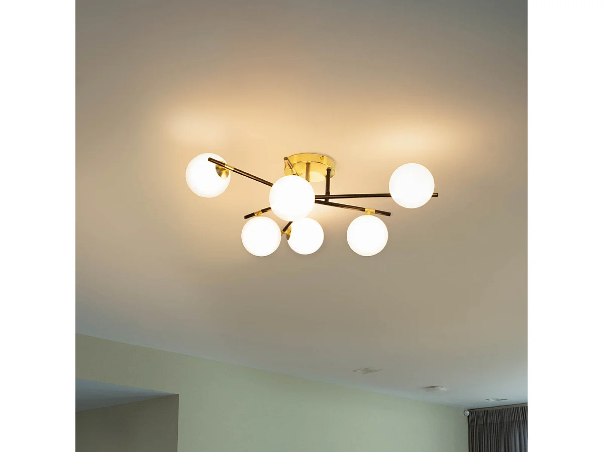 Plafonnier noir avec or et verre opale 6 lumières - Lynn