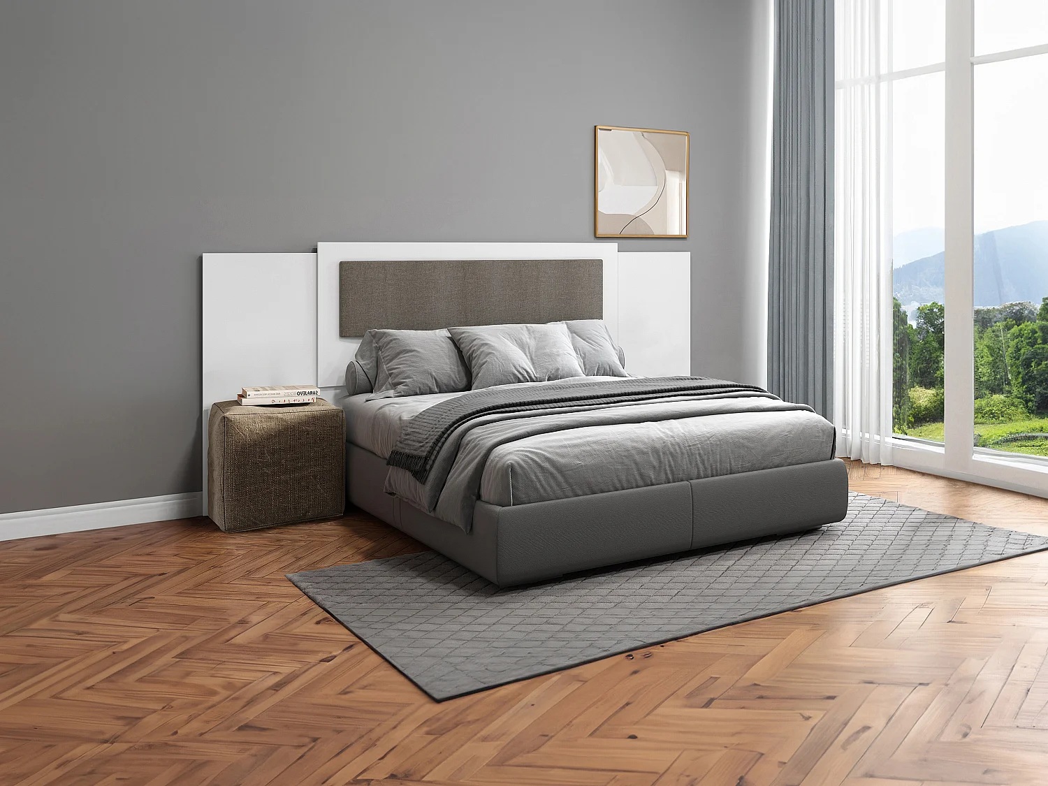 Uittrekbaar hoofdbord 140/160/180 cm - Wit en taupe - KYLANA