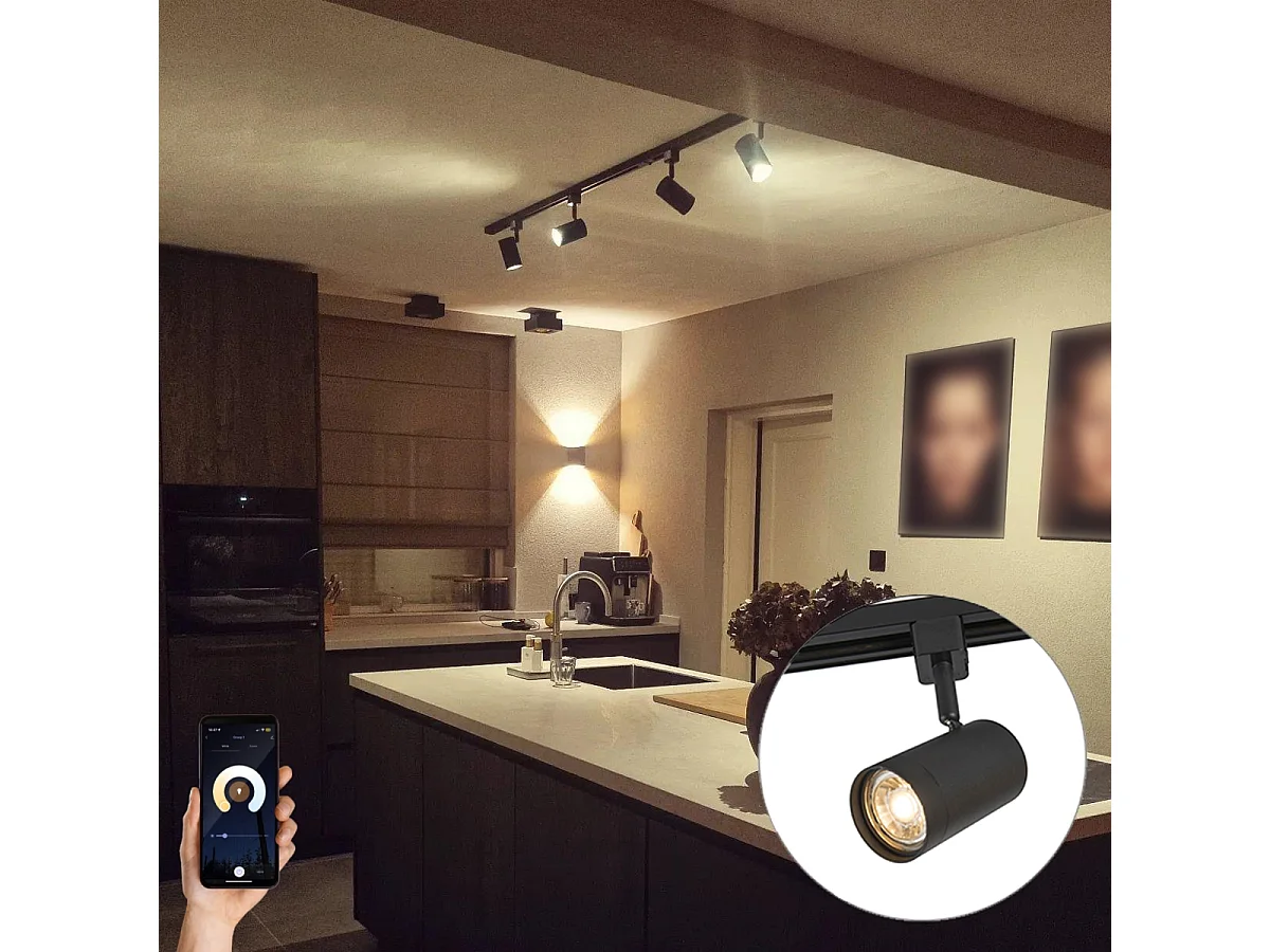 Système d'éclairage sur rail monophasé intelligent avec 4 spots WiFi GU10 noirs - Iconic Jeana