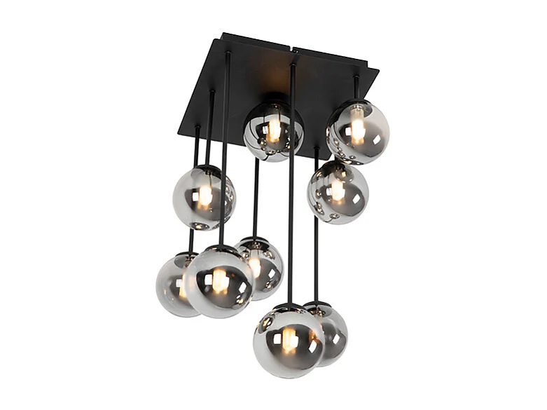 Plafonnier moderne noir 9 lumières avec verre fumé - Athènes