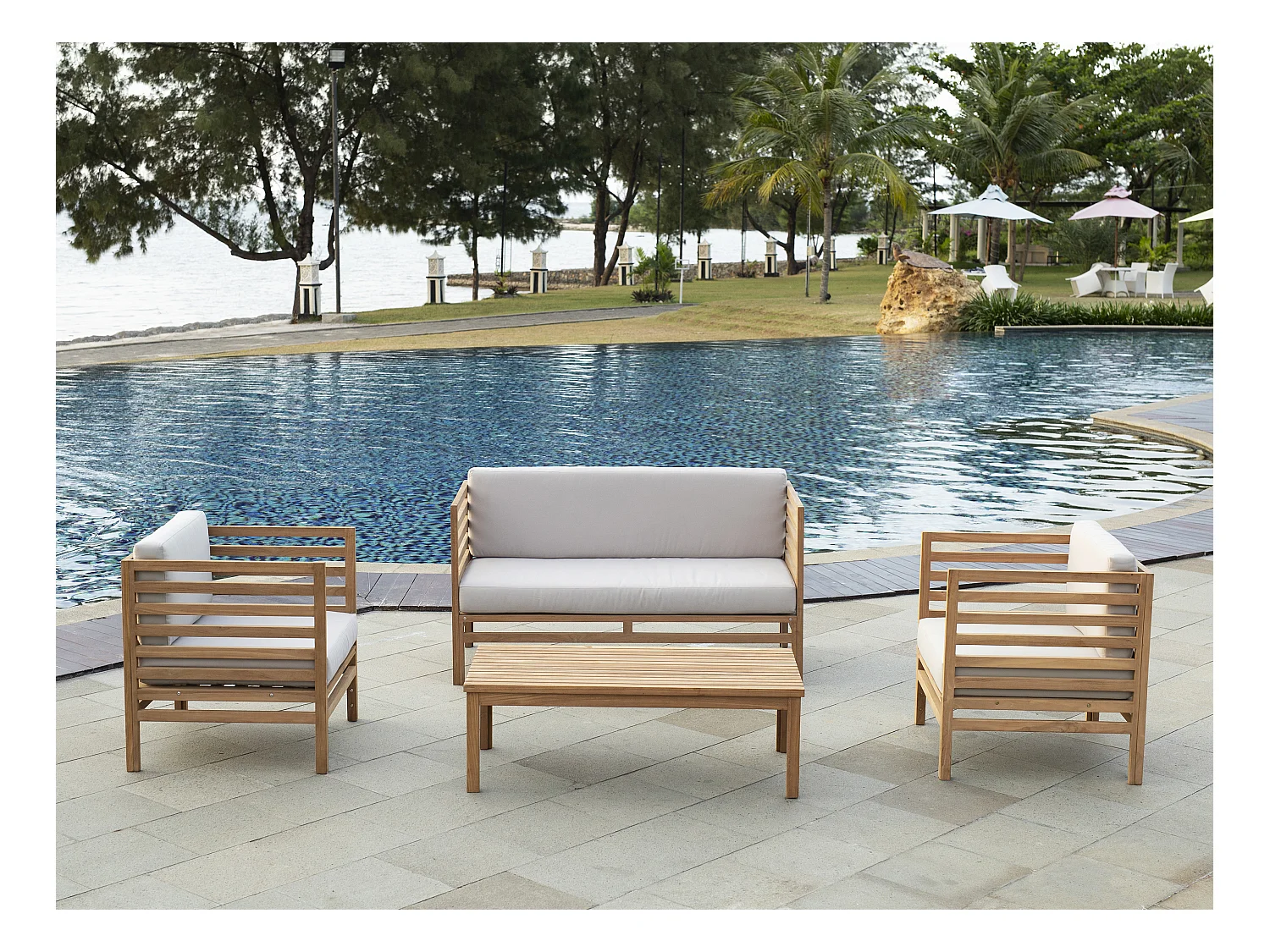 Sofá de jardín 2 plazas de teca - Natural claro y gris - LINERI