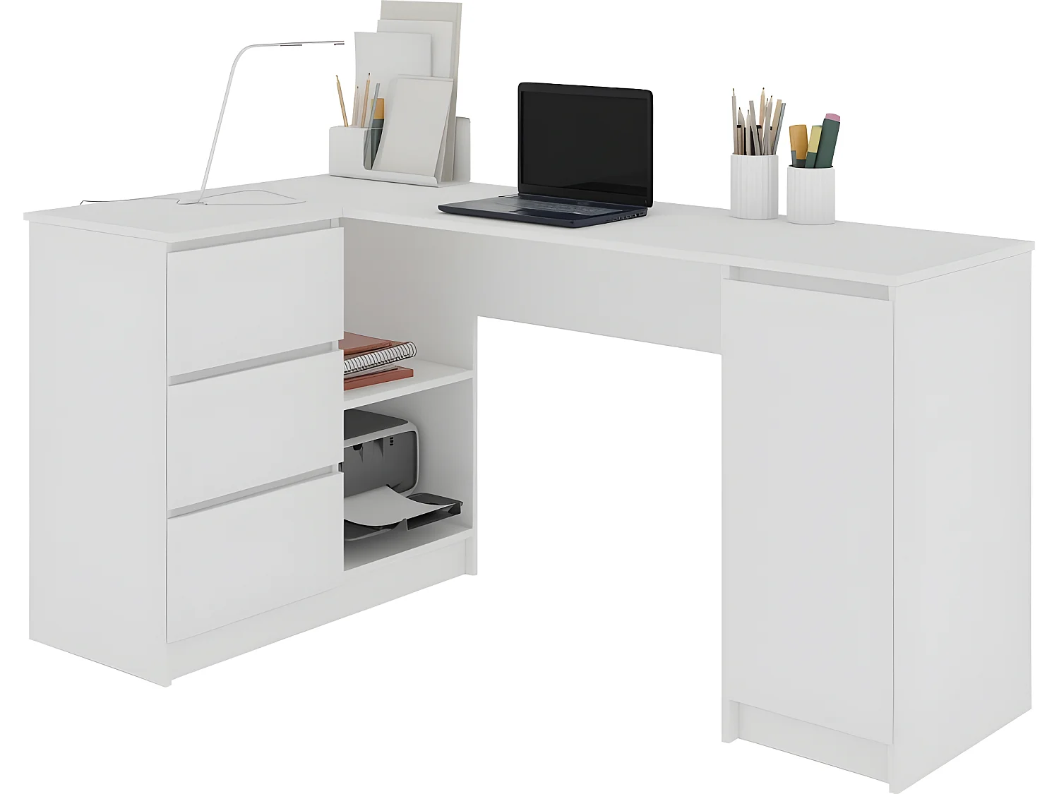 BALAUR | Bureau informatique d'angle moderne 155x85x77 cm | 3 tiroirs + grandes niches | Table ordinateur multi-rangements